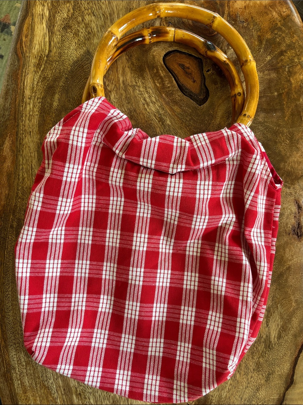 Red Plalaka Bamboo-Handle Tote Bag with aloha print liner handmade Hawaiian bag